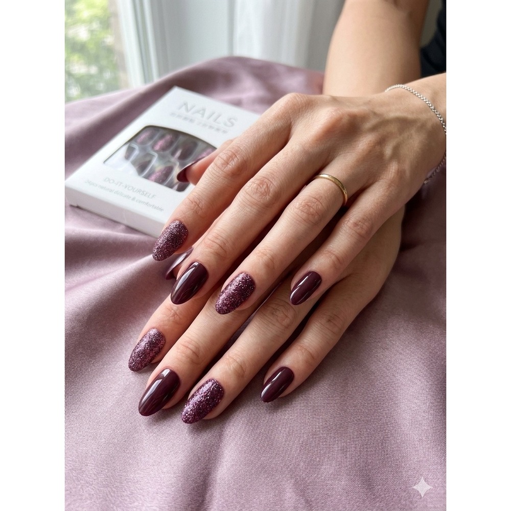 NIB Press On Nails 24 Pc Glam Plum Press-On Nail‎ Set - Glitter & Gloss